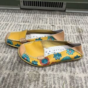 Comfortable Leather Floral Print Flats Casual Driving Loafer Shoes Yellow Sz 36